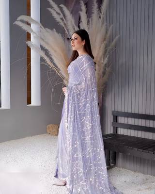 Lavender Georgette Sequin Embroidered Party Wear Saree With Blouse 3
