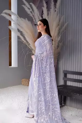 Lavender Georgette Sequin Embroidered Party Wear Saree With Blouse