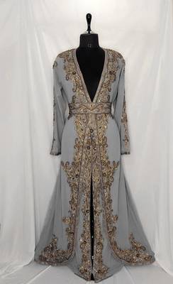 Gray Georgette Stone and Sequin Work Moroccan Kaftan for Women 1
