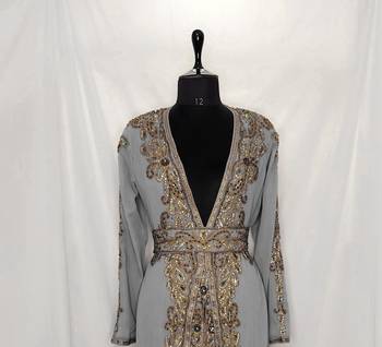 Gray Georgette Stone and Sequin Work Moroccan Kaftan for Women 3