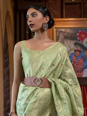 Green Kirpan Womens silk Blend Light Green Woven Designer Saree With Blouse For Women 3