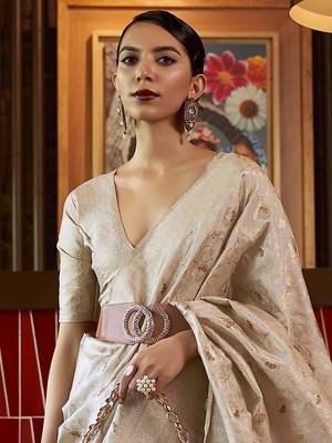 Cream Kirpan Womens silk Blend Light Green Woven Designer Saree With Blouse For Women 2