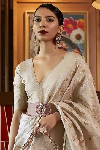 Cream Kirpan Womens silk Blend Light Green Woven Designer Saree With Blouse For Women