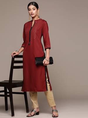 Ziyaa women's maroon crepe straight kurta 5