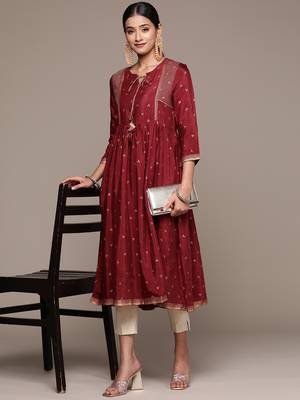 Ziyaa women's maroon viscose santoon flare kurta 5