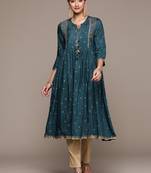 Ziyaa women's teal blue viscose santoon flare kurta