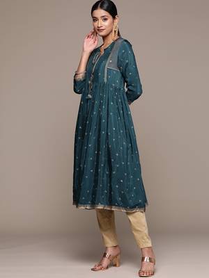 Ziyaa women's teal blue viscose santoon flare kurta 2