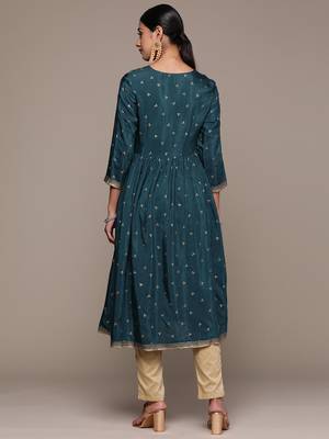 Ziyaa women's teal blue viscose santoon flare kurta 3