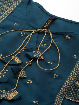 Ziyaa women's teal blue viscose santoon flare kurta 4