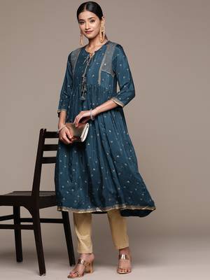 Ziyaa women's teal blue viscose santoon flare kurta 5
