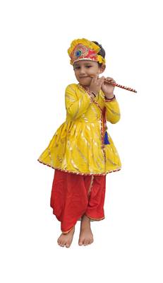 Aglare Krishna..Embroidered Angarkha Top ,kedia dress for Janmashtami and Navratri.BOY AND GIRL. Yellow red 2
