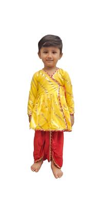 Aglare Krishna..Embroidered Angarkha Top ,kedia dress for Janmashtami and Navratri.BOY AND GIRL. Yellow red 1