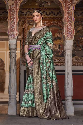 Green color silk Blend ajarak design saree