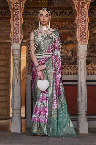 Pink and green color silk blend ajarak design saree