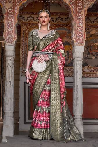 Scarlet red color silk Blend ajarak design saree