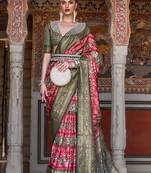 Scarlet red color silk Blend ajarak design saree
