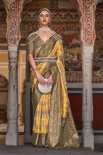 Yellow color silk blend ajarak design saree
