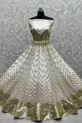  White Multi Zari And Sequins Embroidered Net Semi Stitched Lehenga