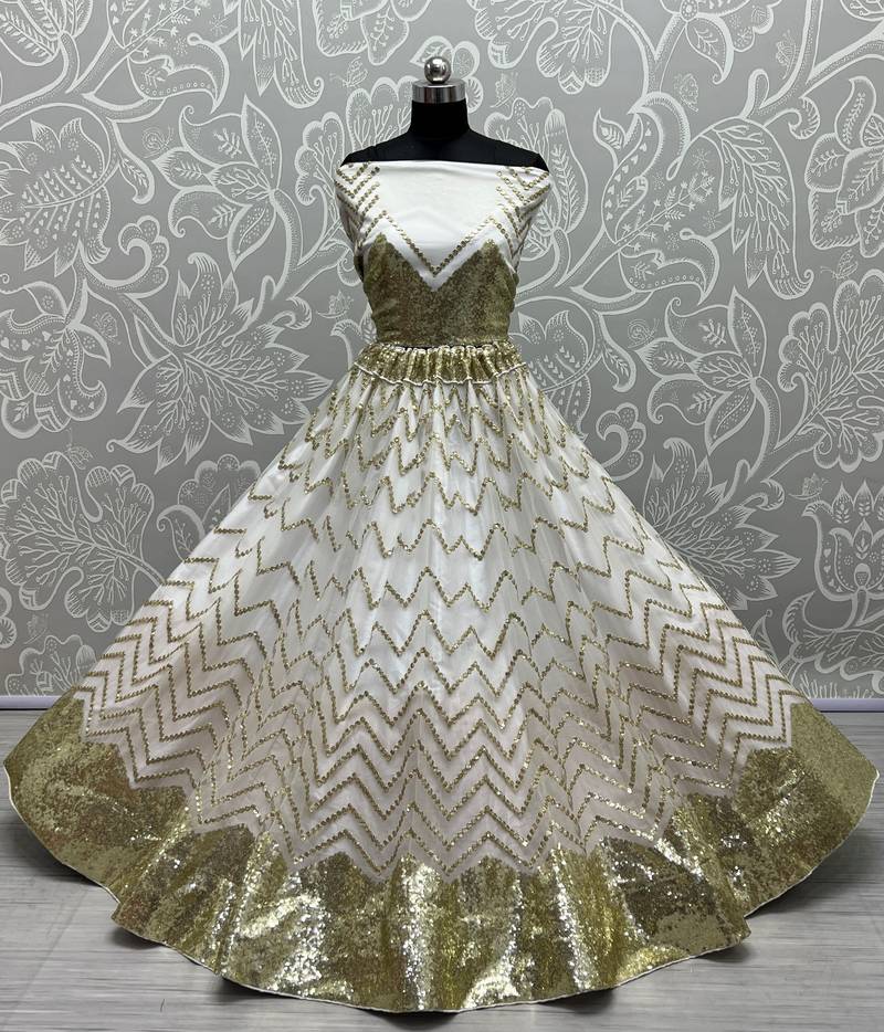  White Multi Zari And Sequins Embroidered Net Semi Stitched Lehenga