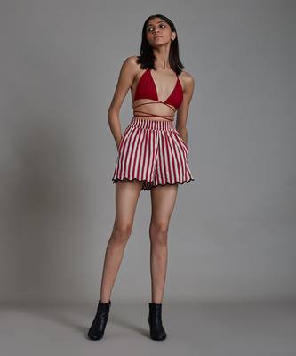 Red stripe scallop shorts set 1