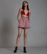 Red stripe scallop shorts set