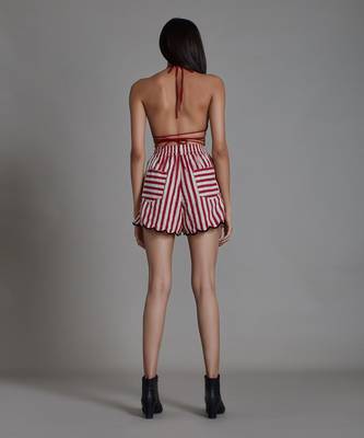 Red stripe scallop shorts set 2