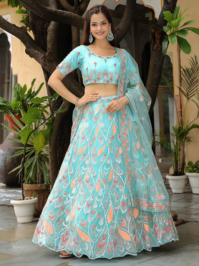 Delightful Sky Bue  Sequins and Thread Embroidered Soft Net Fabric Indian Wedding Designer Lehenga Dress