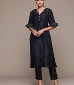 Ziyaa women's navy blue chinon straight kurta and pant set