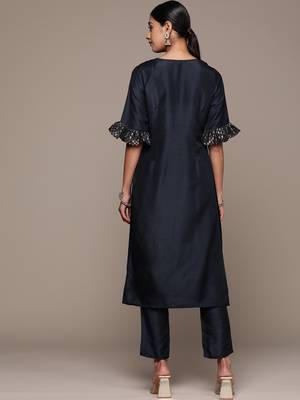 Ziyaa women's navy blue chinon straight kurta and pant set 3