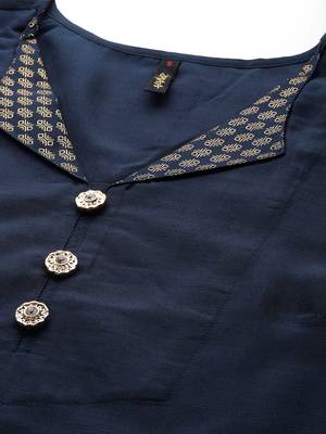 Ziyaa women's navy blue chinon straight kurta and pant set 4
