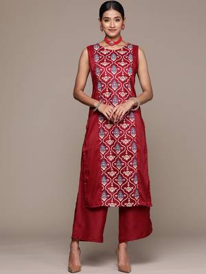 Ziyaa women's maroon chinon straight kurta and palazzo set 1