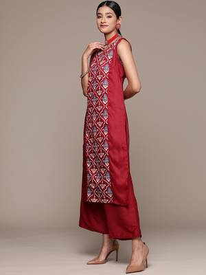 Ziyaa women's maroon chinon straight kurta and palazzo set 2