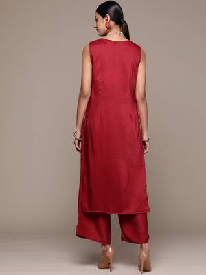 Ziyaa women's maroon chinon straight kurta and palazzo set 3