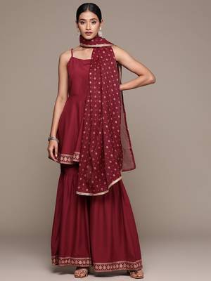 Ziyaa women's maroon crepe kurta, sharara and dupatta set 1