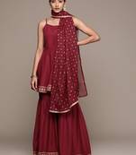 Ziyaa women's maroon crepe kurta, sharara and dupatta set