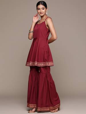 Ziyaa women's maroon crepe kurta, sharara and dupatta set 2