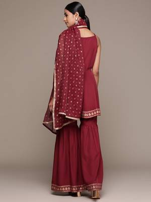 Ziyaa women's maroon crepe kurta, sharara and dupatta set 3