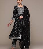 Ziyaa women's black crepe kurta, pant and dupatta set
