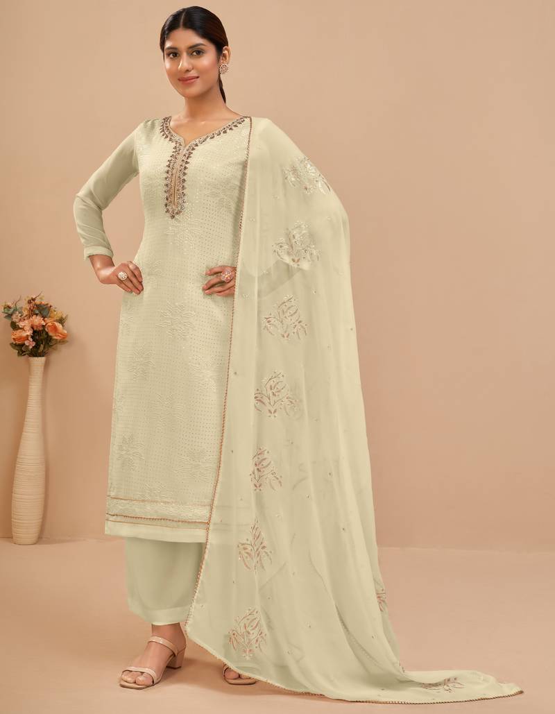  Cream Sequins & Zari Embroidered Georgette Designer Salwar Kameez Designs