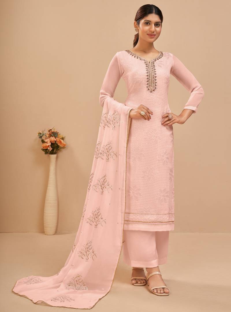 Light Peach Sequins Embroidered Georgette Wedding Salwar Kameez