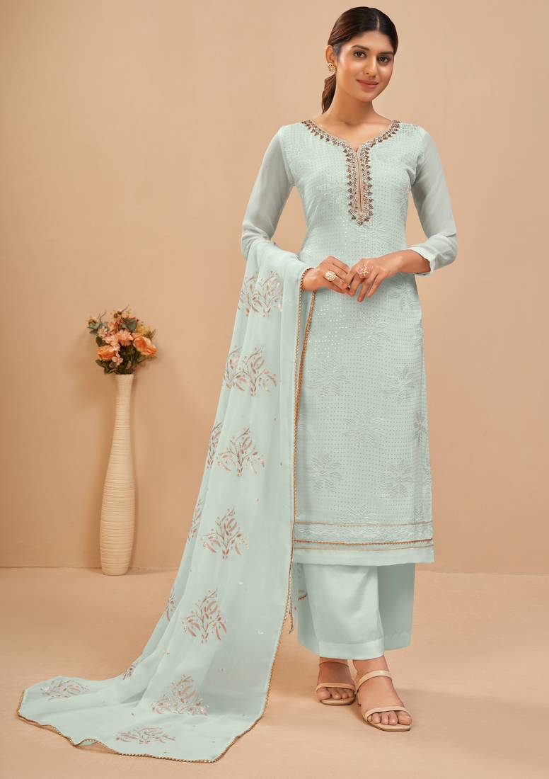  Light Blue Thread Embroidered Georgette Designer Salwar Kameez