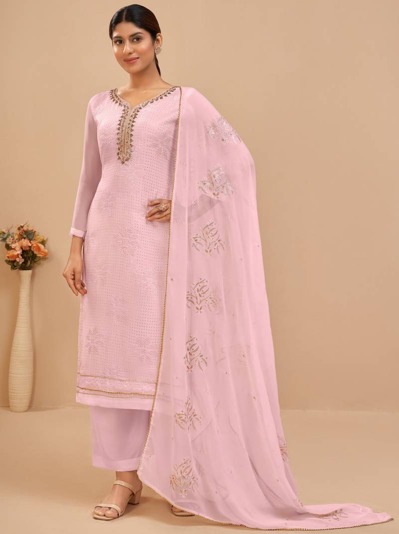 Light Pink Zari Embroidered Georgette Indian Salwar Kameez