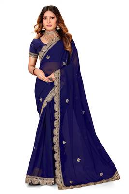 Navy blue heavy coding sequence embroidery work georgette party wear with blouse 1