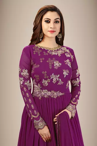 Trendmalls Purple Anarkali Suit Embroidery Nazneen Salwar Suit Set