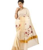 Cream Cotton Zari and Embroidered Kerala Kasavu Saree