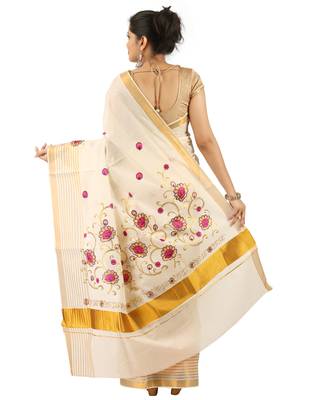 Cream Cotton Zari and Embroidered Kerala Kasavu Saree 2