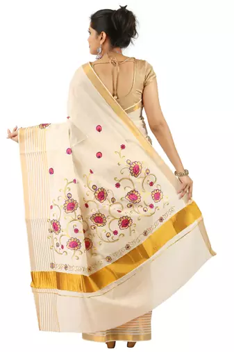Cream Cotton Zari and Embroidered Kerala Kasavu Saree
