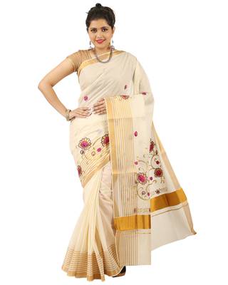 Cream Cotton Zari and Embroidered Kerala Kasavu Saree 3