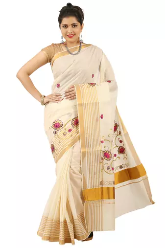 Cream Cotton Zari and Embroidered Kerala Kasavu Saree
