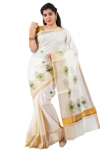 Selvamani tex kerala kasavu cotton saree with running blouse